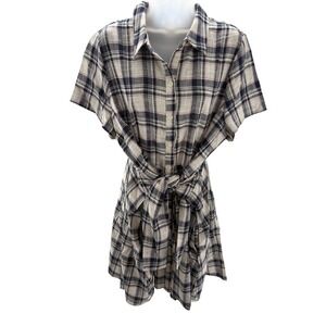 11 Tvlho Anthropologie Womens Plaid Button Front Tie Waist Shirt Dress XL‎ NEW